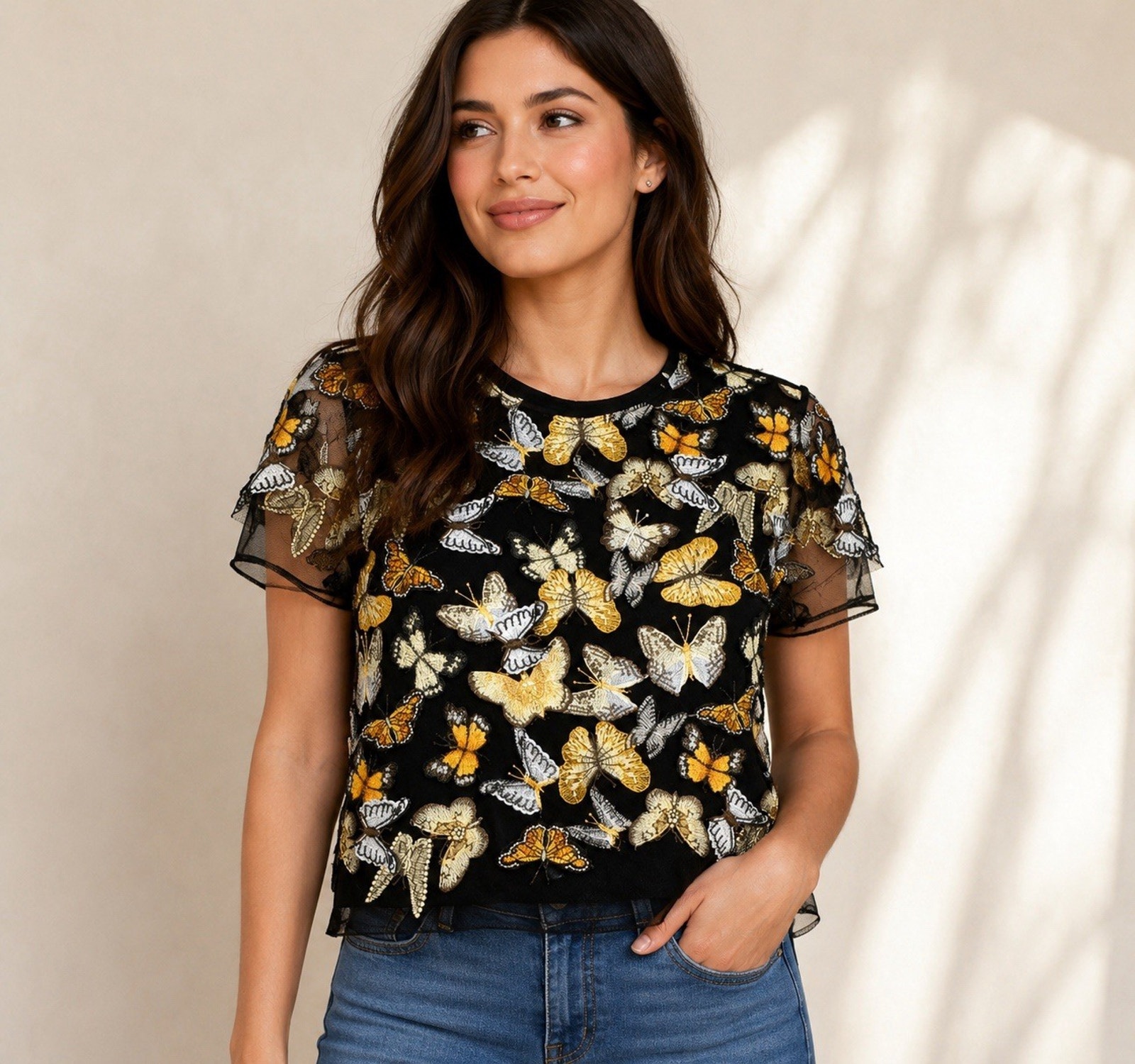Dolan Black Sheer Mesh Embroidered Butterfly Crew Neck Flutter Sleeve Blouse M